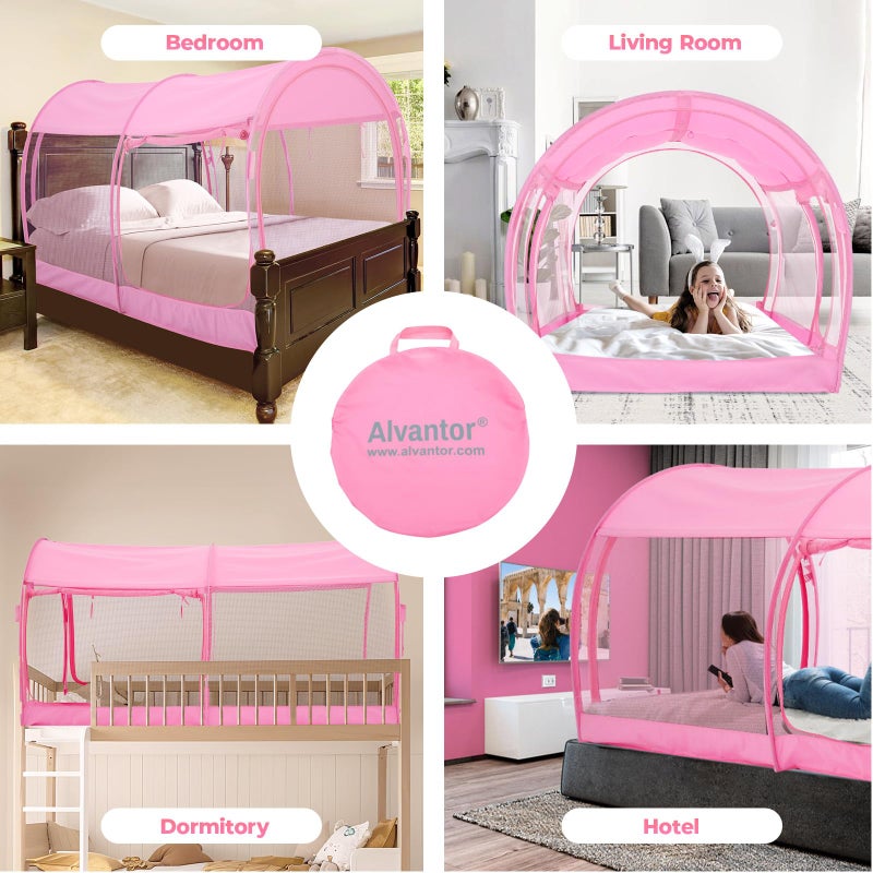 AlvantorÂ® Mosquito Net Bed Canopy Tents Dream Privacy Space Twin Size Sleeping Tents Indoor Pop Up Portable Frame Breathable Cottage Pink (Mattress Not Included) - Image 3